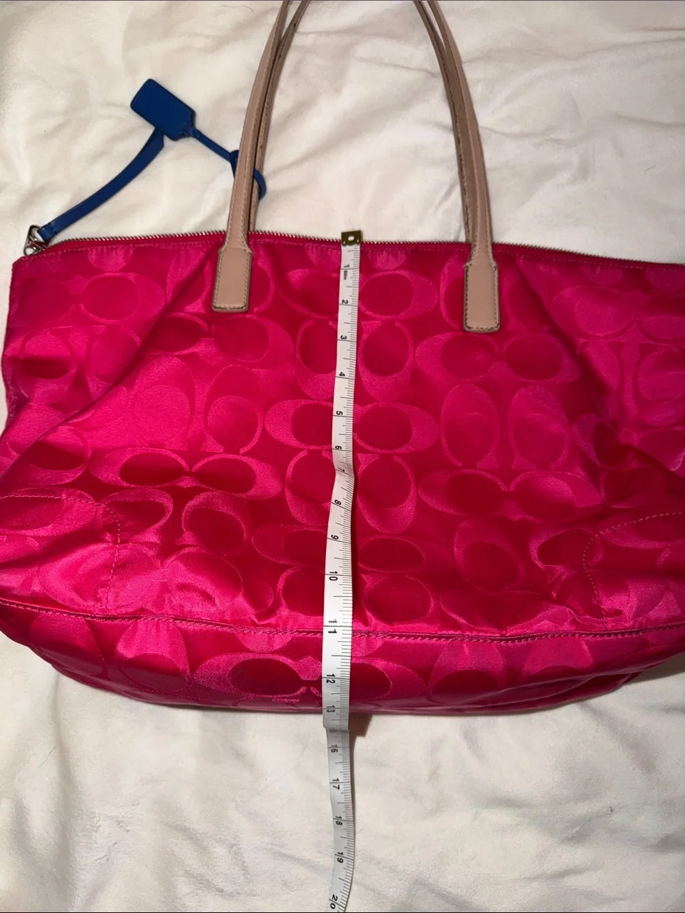Coach Hot Pink Signature Nylon Tote with Tan Straps and Blue Trim #24862